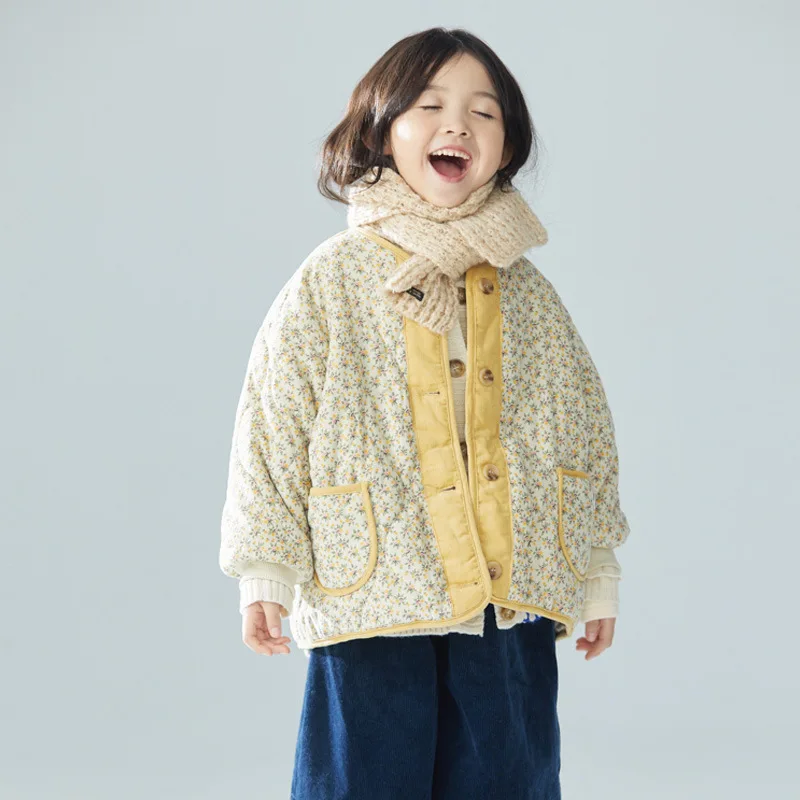 

2023 Teenager Girl Winter Korean Floral Jacket Kid Girl Cotton Corduroy Three Color Floral Coat 2-14 Years Gir Outerwears