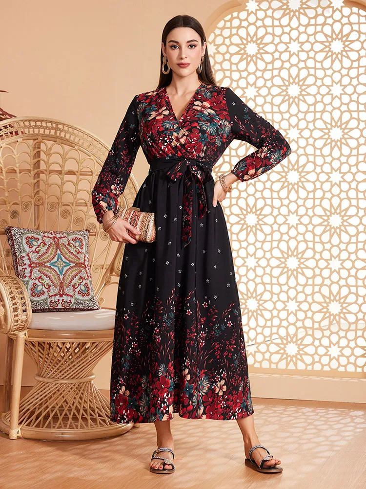 Платье с рукавами-фонариками для женщин черное платье принтом в виде Аравии