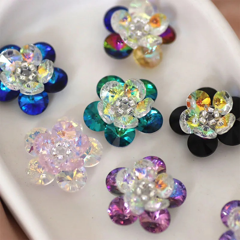 

2.5cm 1pcs Sew on Rhinestones Glass Flower Colorful Sewing on Rhinestone Brooch for DIY Shoes Dance Dress