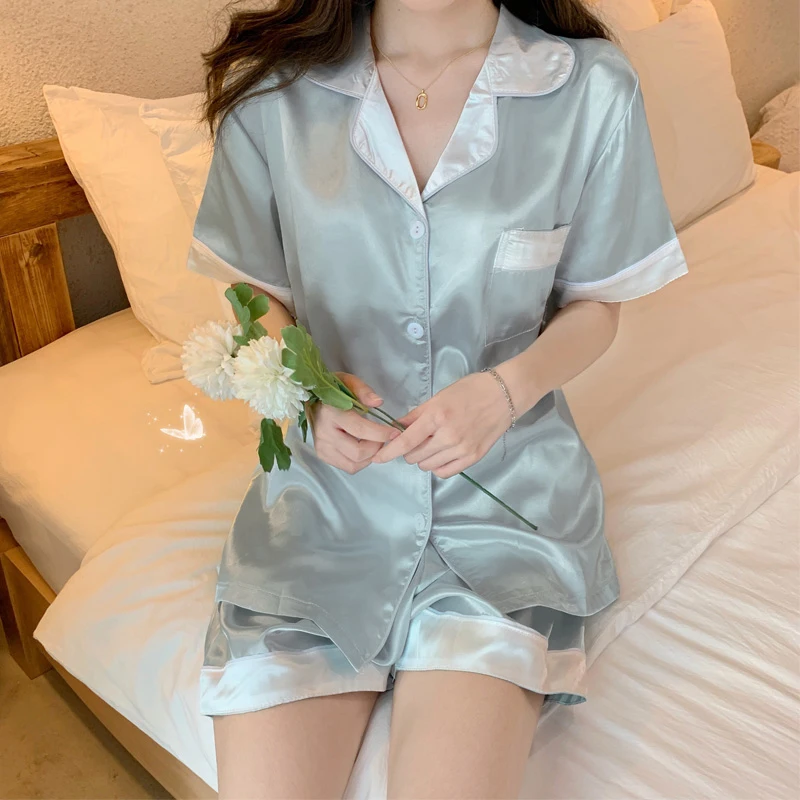 New Women Sleepwear Set Summer Pajama Set Blue Lapel Faux Silk Satin Soft Short Sleeve Casual Female Pijama Girl Home Wear Short