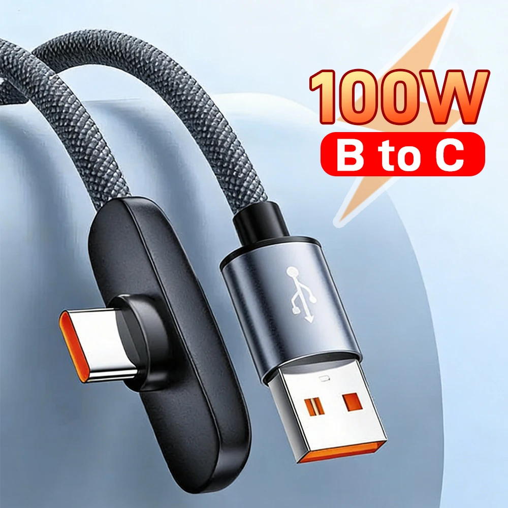Фото Кабель для быстрой зарядки USB-C 100 Вт 6 А, плоский, 90 см °   Плетеный кабель-зарядка с угловым разъемом для смартфонов, планшетов и ноутбуков №1