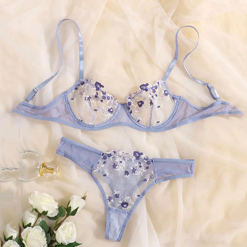 

Sweet Back Closure Mesh Flower Embroidery Decor Underwear Briefs Set for Daily Wear