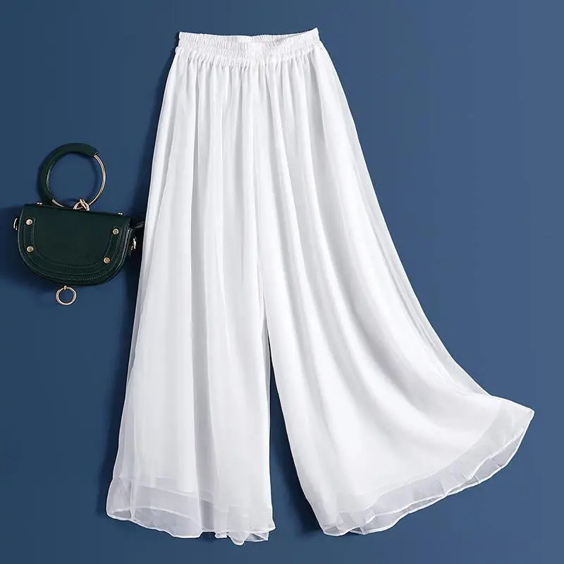 Fashion Women'S Casual Chiffon Wide Leg Trousers Large Loose Solid Elastic Belt High Waist Women'S Trousers