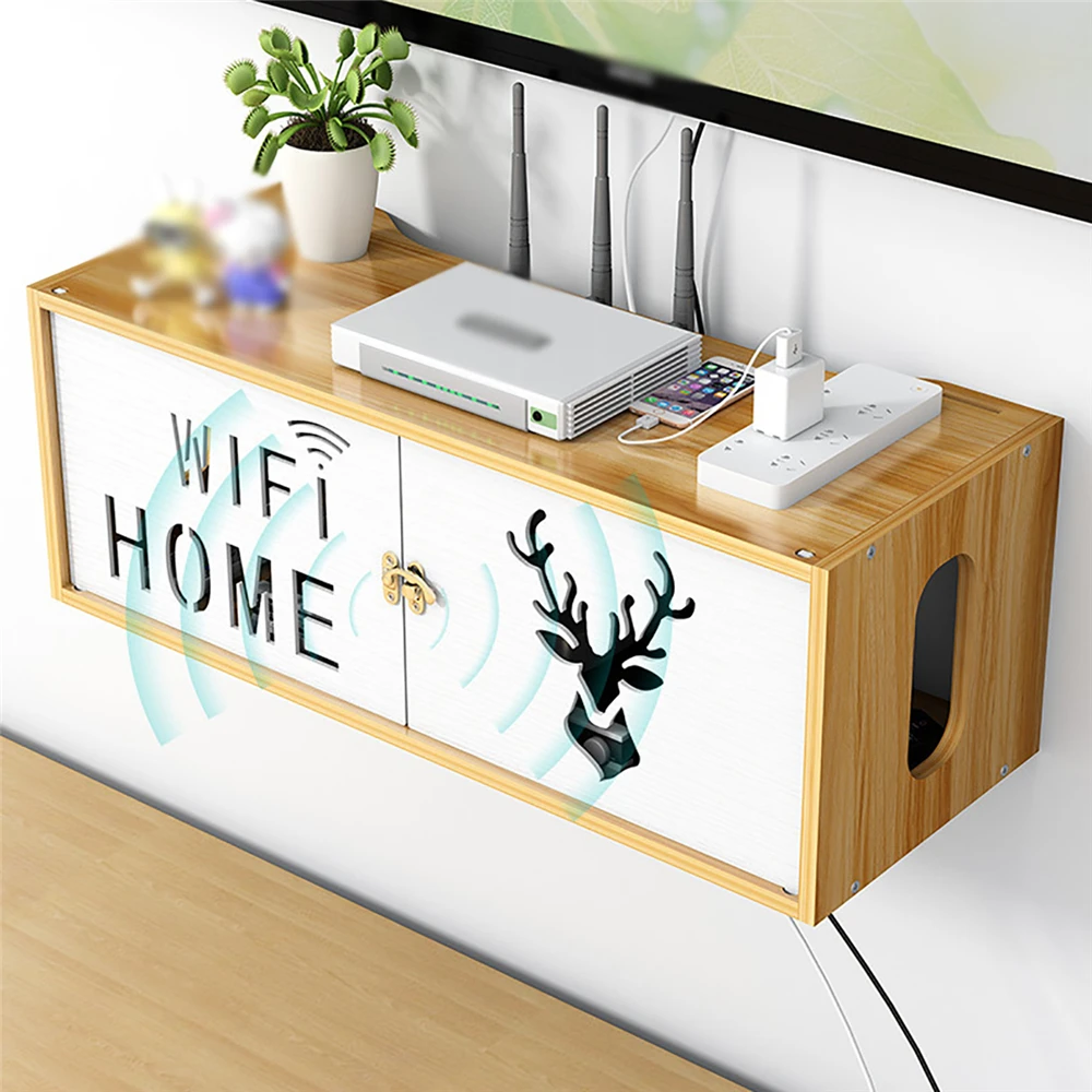 

WIFI Router Storage Shelf Wall Mounted Wooden TV Set-Top Shelter Box Wire Power Board Socket Organizer Rack Home Office Storage