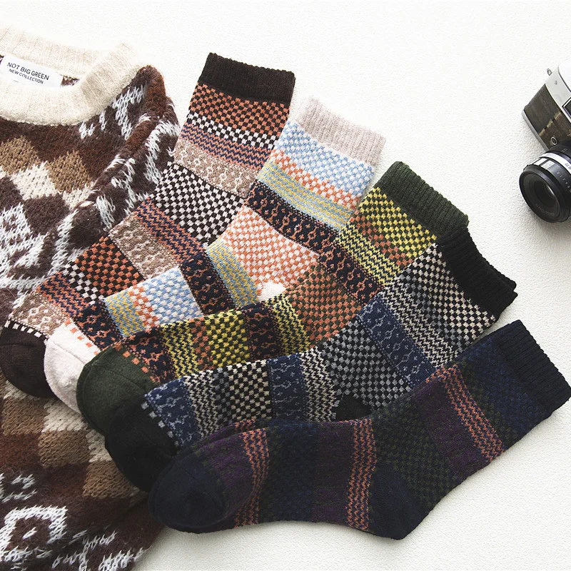 5 Pairs Autumn Winter National Wind Women Wool Socks Warmer Small Square Ethnic Style Cashmere Thermal Thicken Women Socks
