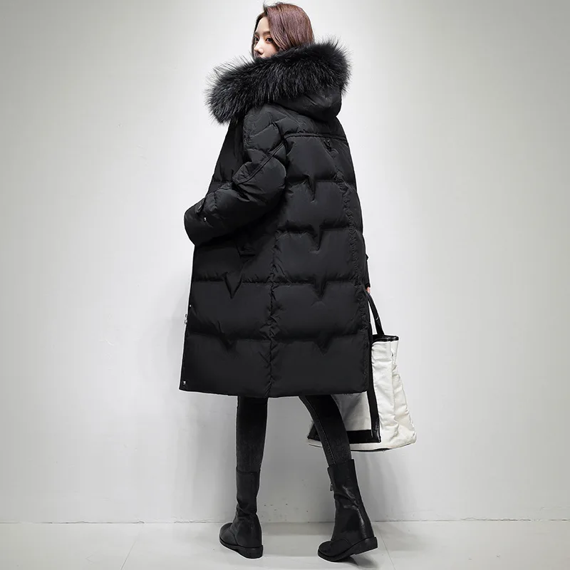 Women's Thickened Mid-Length Down Jacket Quilted Winter Puffer Coat Zip-Off Faux Fur Hood