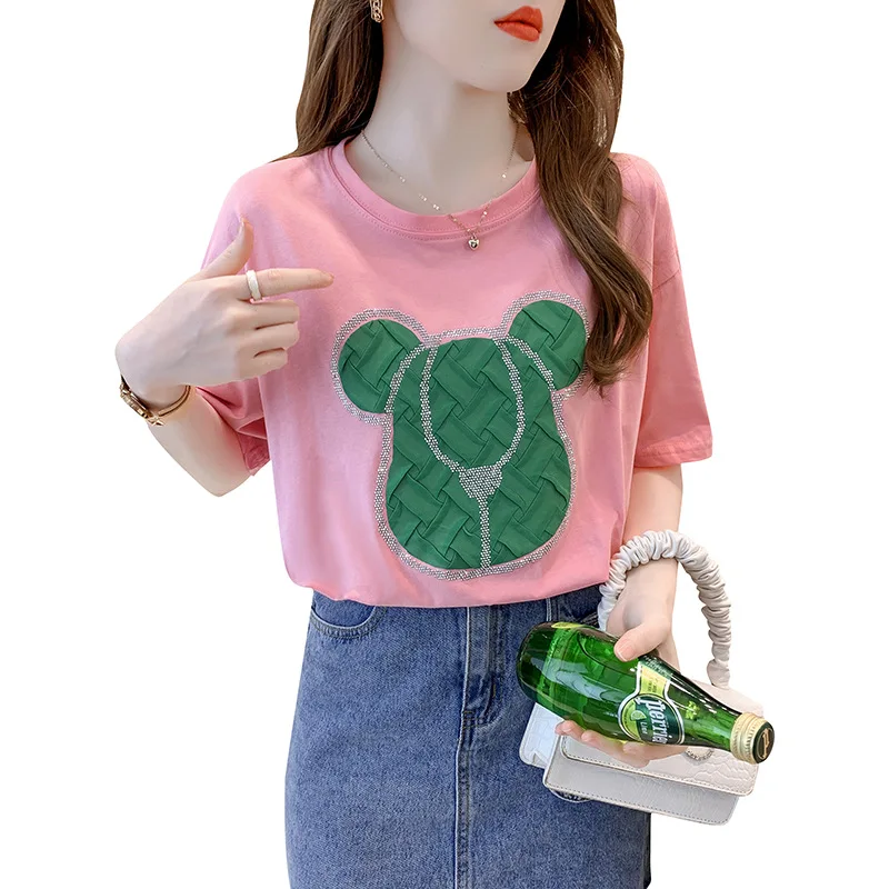 

2022 Summer New Foreign Style Fashion Heavy Industry Hot Drill Temperament Loose Skinny Short Sleeve Long T-shirt Women