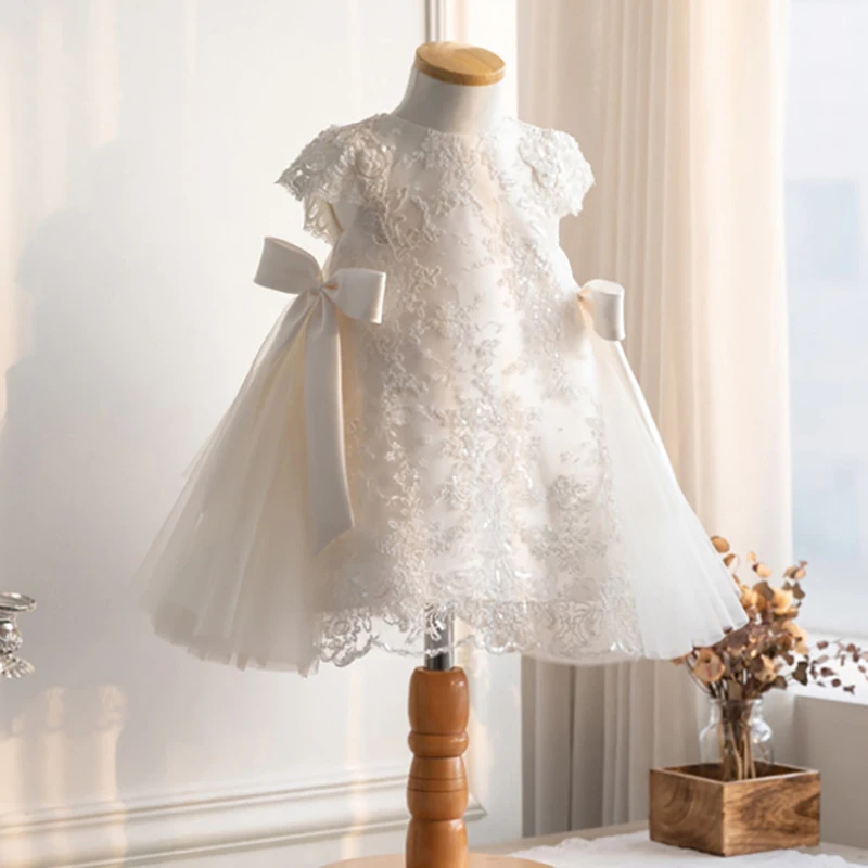 

Kids Girl Dress Lace Bow Toddler Baby 1Year Birthday Wedding Party Dresses Infant Christening Gown Children Formal Dress Clothes