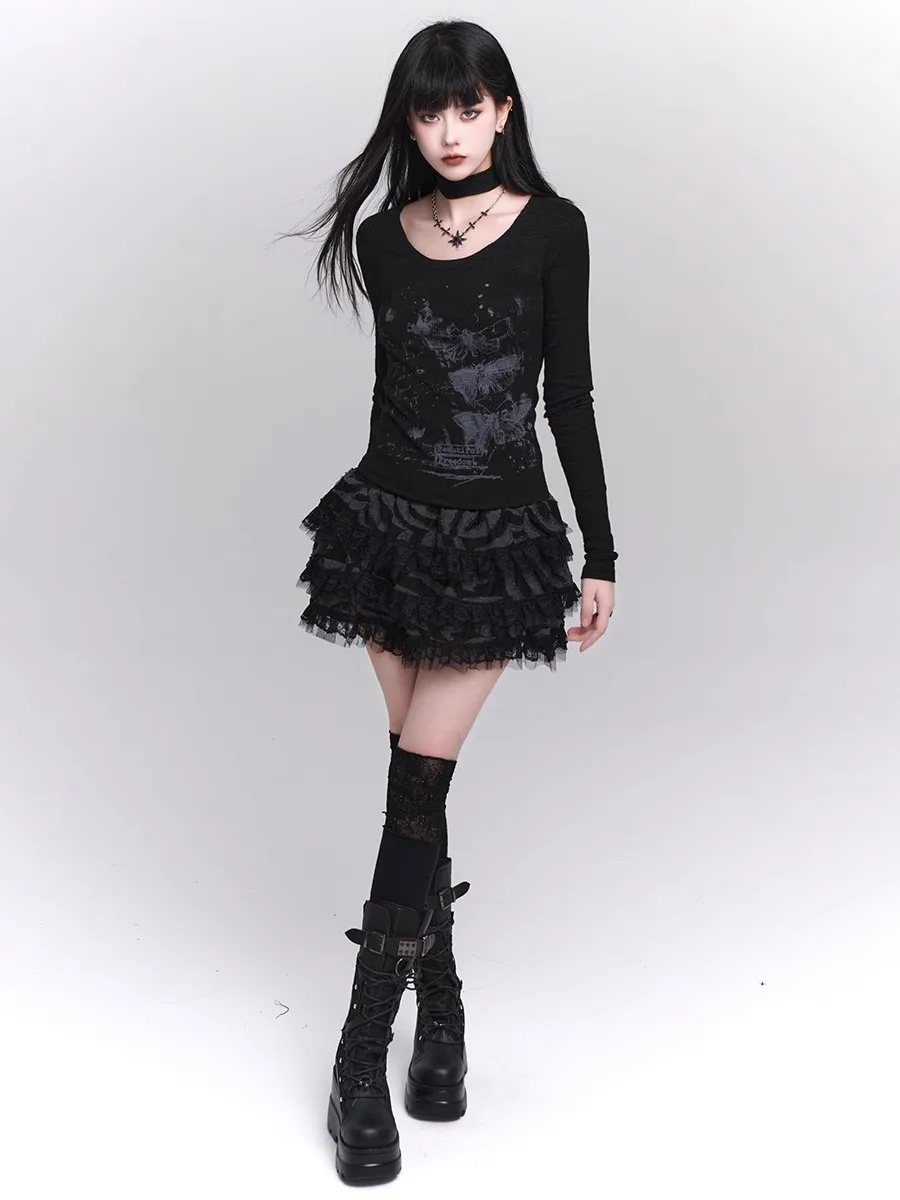 Женская кружевная мини-юбка REDDACHiC Grunge черная Пышная юбка с эластичной талией и