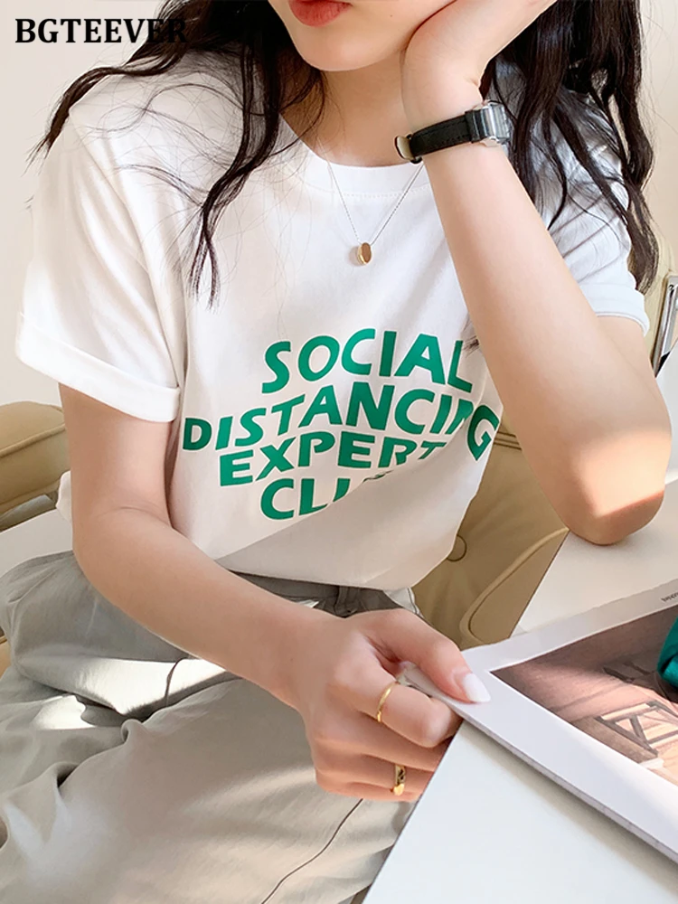 

Повседневные женские футболки BGTEEVER с круглым вырезом и буквенным принтом, свободные женские хлопковые футболки с коротким рукавом, весна-л...