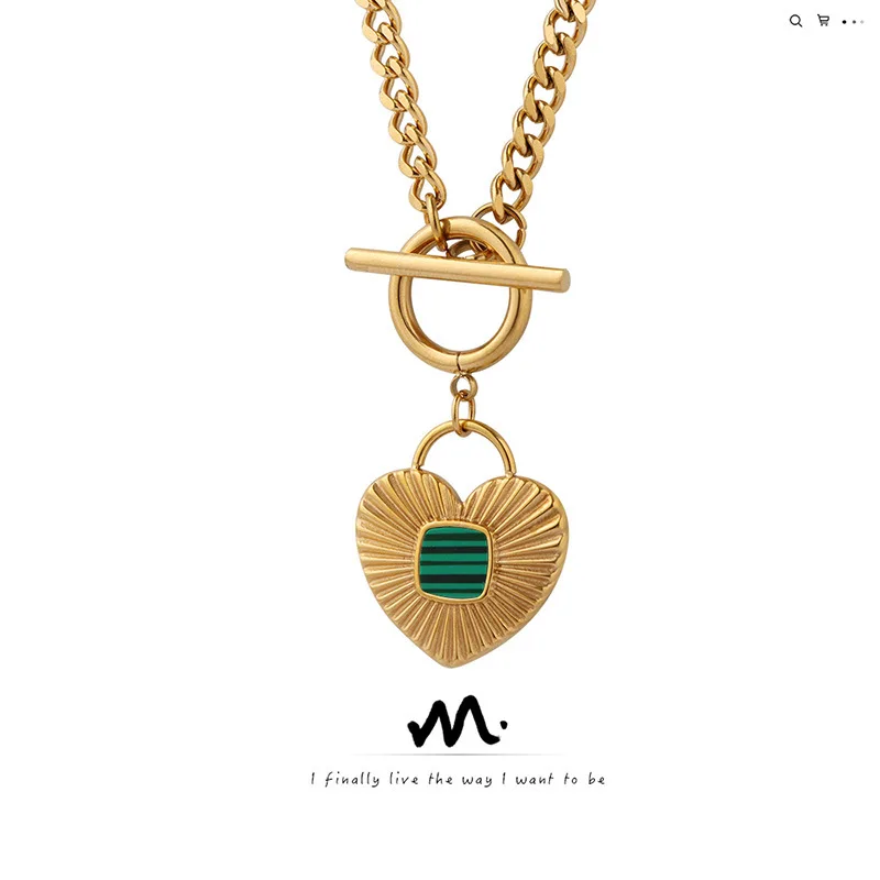 

MODOMA Vintage Green Zircon Stainless Steel Gold Necklace For Women Korean Fashion Pendants Heart Design Chains Female Jewelry