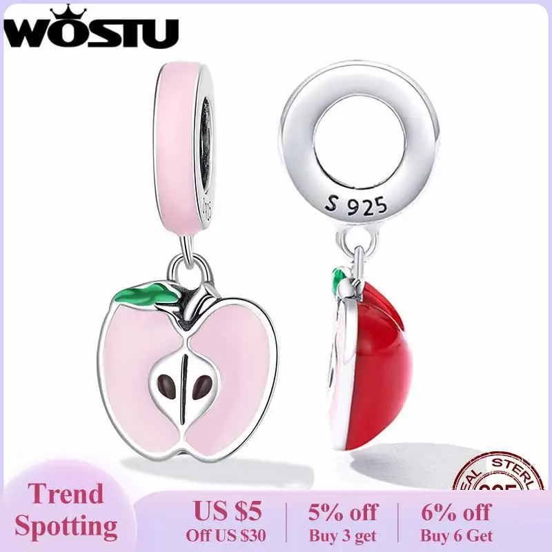 

WOSTU 925 Sterling Silver Romantic Pink Apple Charms For Women Lovely Pendants Fit Original Bracelets Neckalce Jewelry Making
