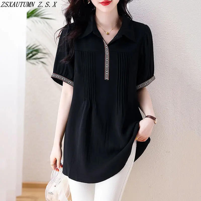 

Chiffon Shirt Women Summer New High Quality Simple Fashion Baggy All Match Vintage Black Casual Tops Fine Elegant Blouses Female