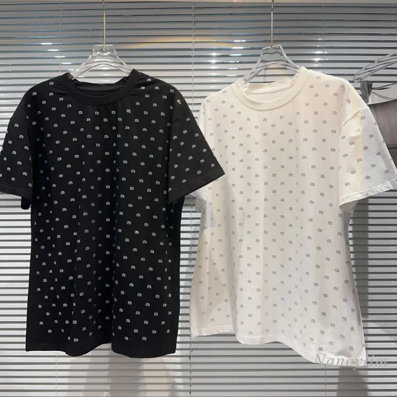 

2023 Summer New Hot Girl Small Letter Rhinestone Hot Drilling Design Short Sleeve T-shirts Women Cotton Tees Oversized Tops