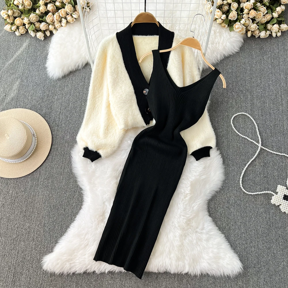 

Clothland Women Elegant Knitting Dress Suit V Neck Long Sleeve Fur Coat Sleeveless Sheath Mini Dresses Two Piece Set QB457