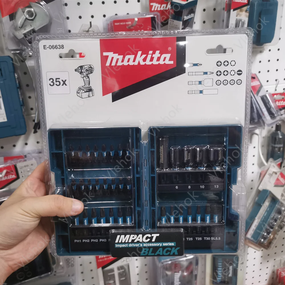 

E-06638 Makita, 35 шт., набор ударных отверток, винт, бытовой электрический Шестигранник, отвертка, головка, рукав, черный комплект головок