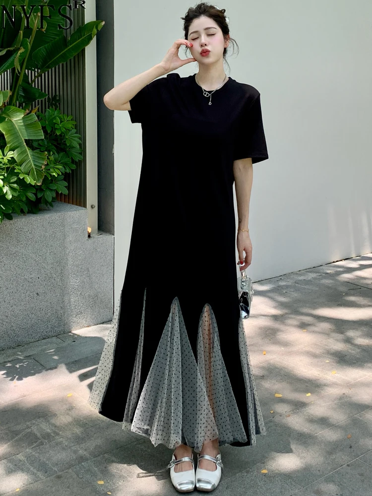 Женское длинное платье в горошек NYFS свободное Корейском стиле с коротким рукавом