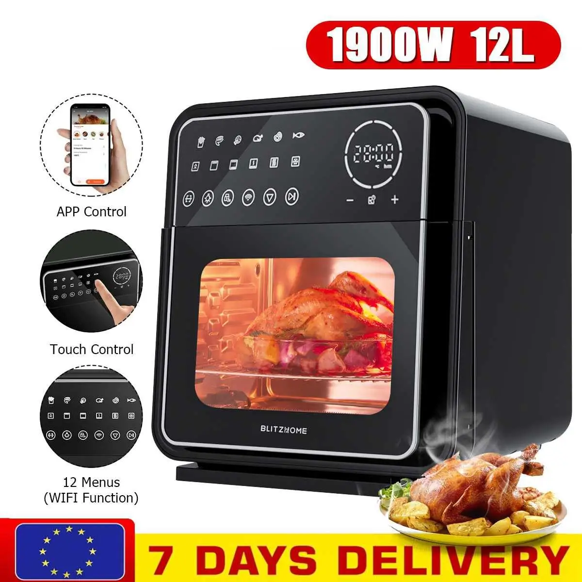 

BlitzHome 12L Smart Electric Air Fryer Oven Toaster Rotisserie Dehydrator LED Touchscreen Large Capacity Chicken Frying Machine