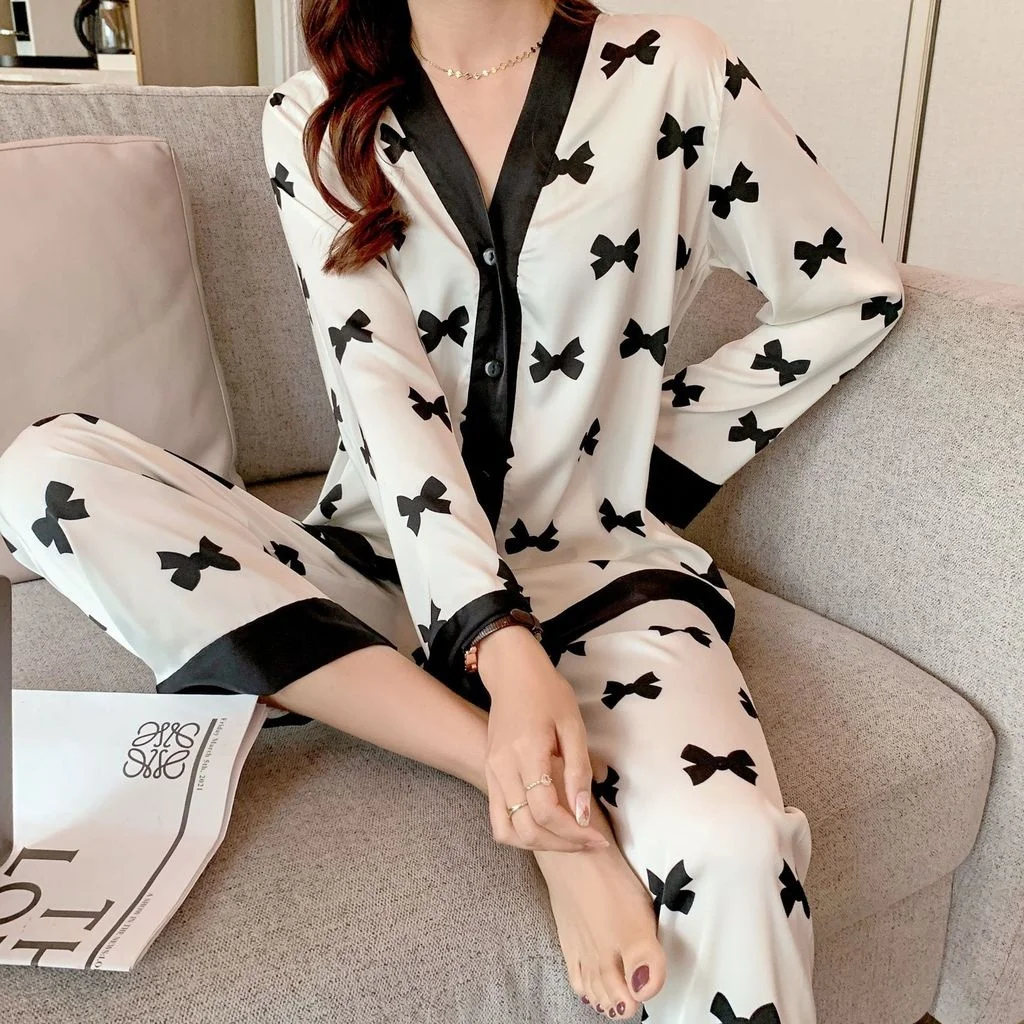 Lisacmvpnel Summer New Style Pajamas Women's Ice Silk Suit Home Clothes Print Fashion Style Suit V-neck Pyjamas