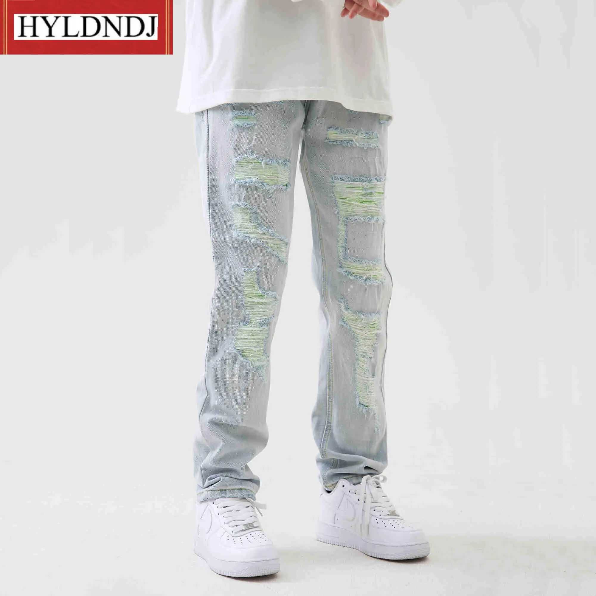 Men's New Fashion Handsome Fried Street Slim Pants European and American Fashion Brand Street Hole Light Color Jeans