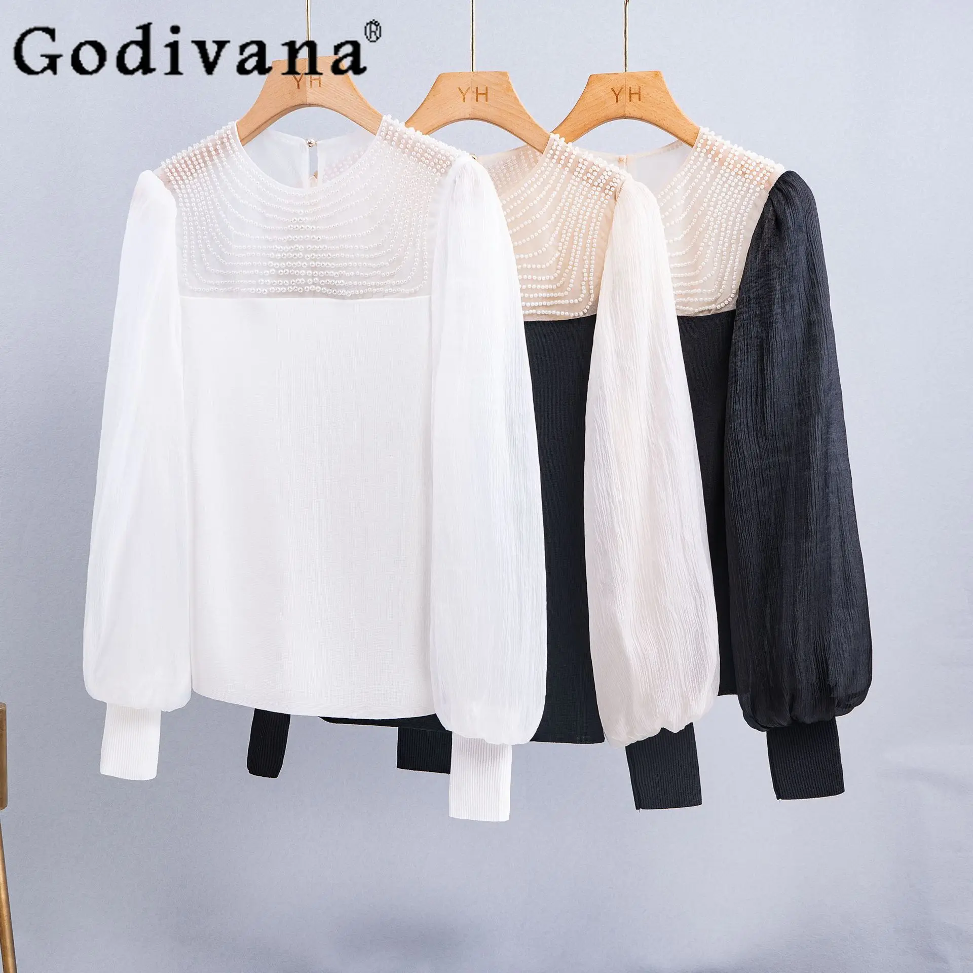 

Женский трикотажный свитер с рукавами-фонариками, универсальный облегающий свитер с круглым вырезом и бусинами, однотонный