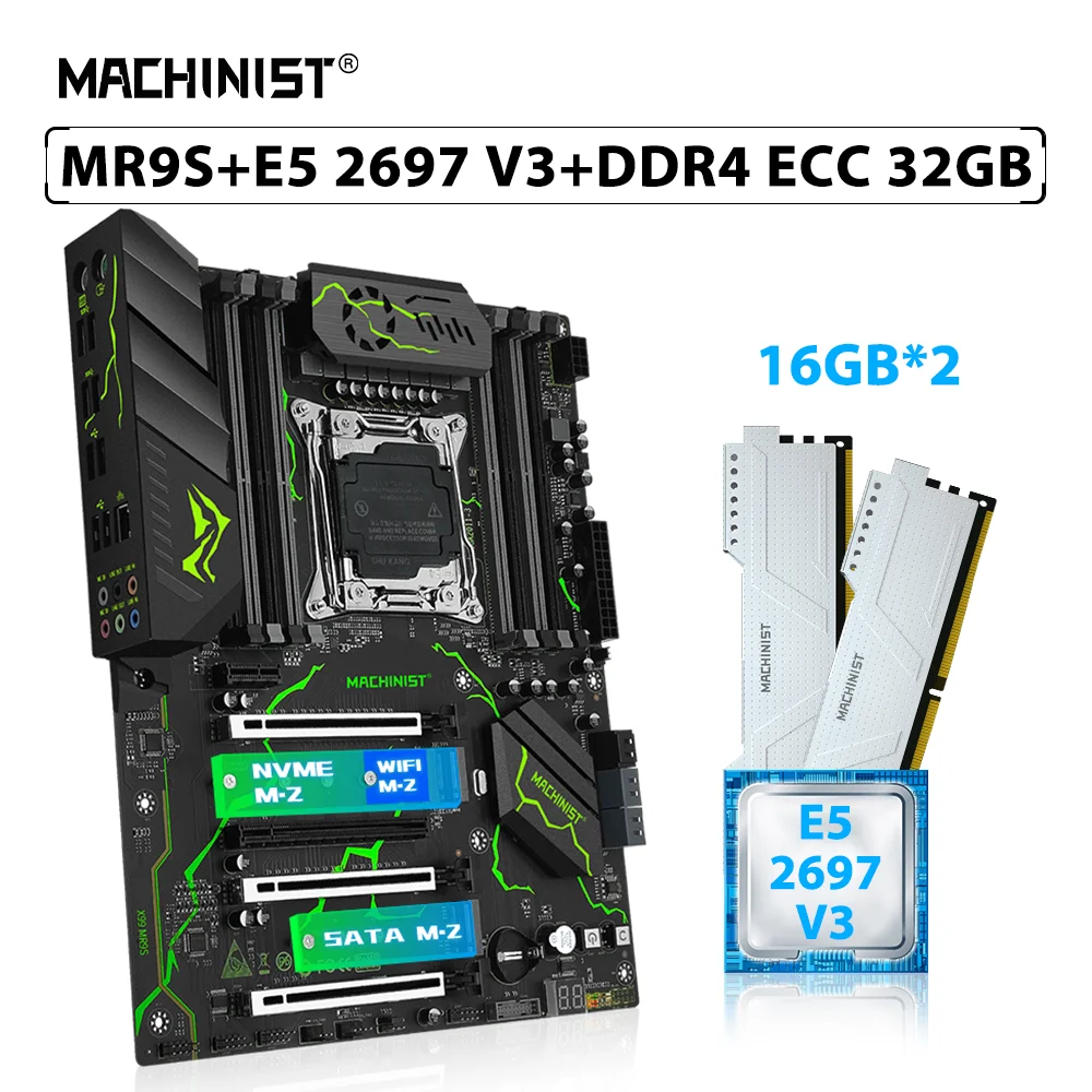Комплект материнской платы MACHINIS X99 MR9S LGA 2011-3 Kit Xeon E5 2697 V3 процессор ЦП 2 шт. * 16 ГБ = 32 Гб ECC DDR4 Память ОЗУ NVME M.2 WIFI