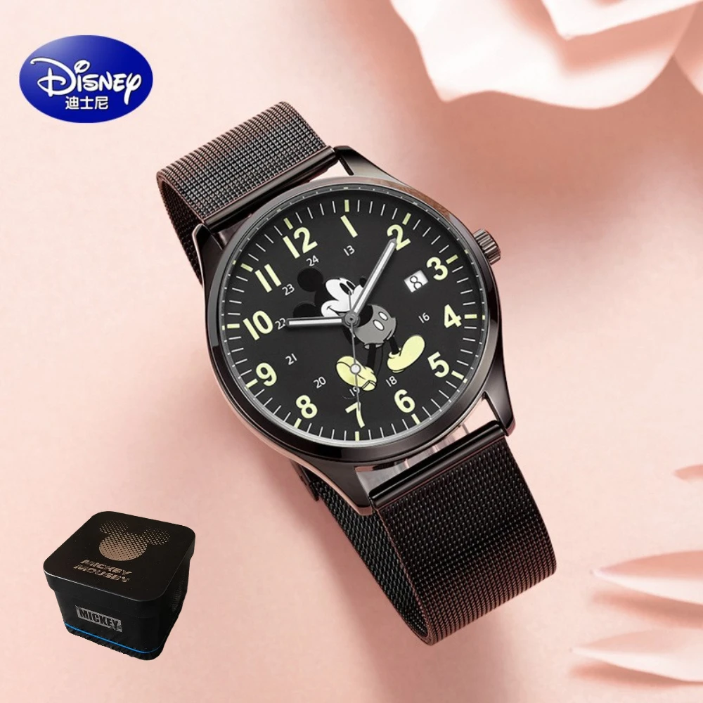 Disney Gift With Box Mickey Minnie Couple Watch Mesh Belt Luminous Trend Quartz Clock Men Women Relogio Masculino enlarge