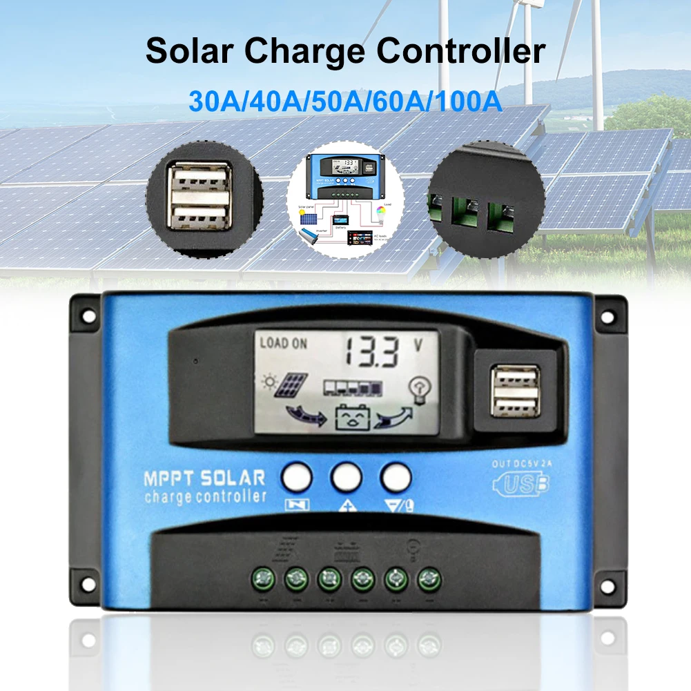 

30A/40A/50A/60A/100A Solar Charge Controller 12V/24V Solar Regulator USB 5V/2A Panel Battery Regulator Intelligent LCD Display