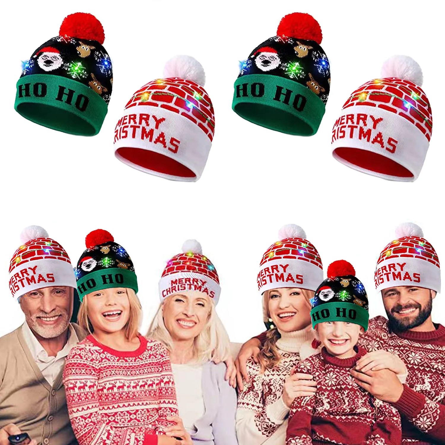 

2023 Adult Child Santa Claus Beanie Knitted Hat Merry Christmas Winter Hat With LED Light Cute Soft Cartoon Party Supplies