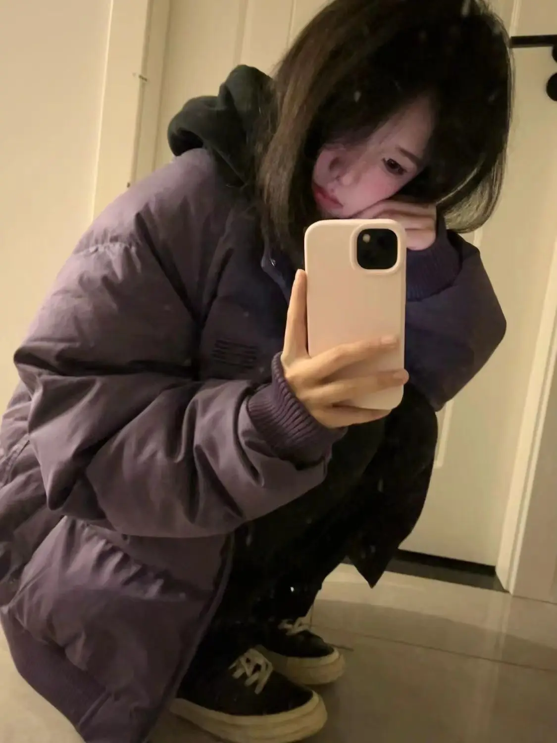 Женские однотонные ретро фиолетовые стеганые куртки с воротником-стойкой зимние