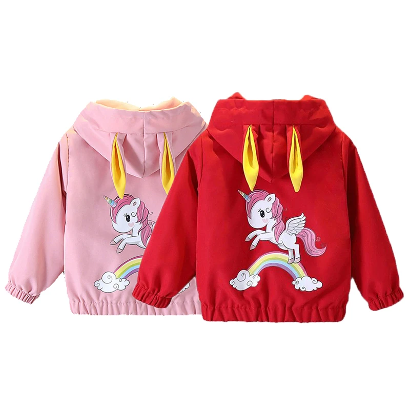 

Unicorn Jackets for Girls Spring Autumn Rainbow Print Hooded Outerwear Kids Cartoon Sports Coat 1-6Y Children Casual Clothes