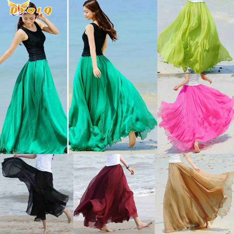 

Brand New Women Boho Double Layer Maxi Dress Chiffon Long Sundress Summer Lady Beach Chiffon Solid Skirt