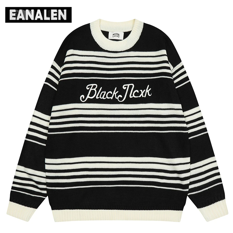 

Harajuku Black and White Striped Jumper Sweater Men's Korean Vintage Pullover Oversized Knit Sweater Grandpa Ugly Sweater Women
