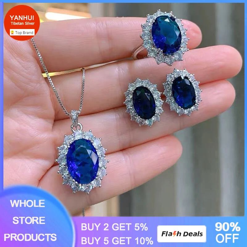 

YANHUI Blue Lab Sapphire Jewelry Set Pendant Necklace 2 Pair Earrings & Rings For Women Original Tibetan Silver Wedding Sets