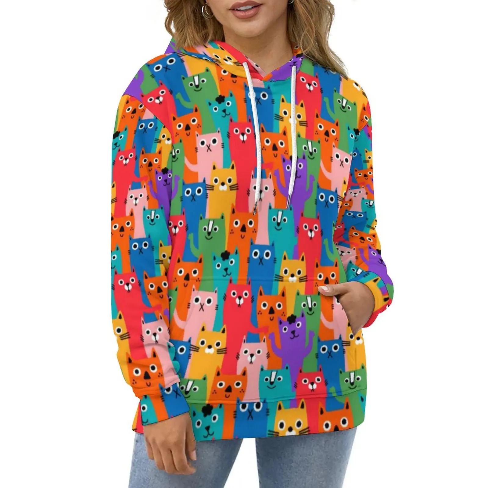 

Красочные Кошки повседневные толстовки смешной животный принт Y2k пуловер толстовка унисекс с длинным рукавом оверсайз хип-хоп графика Свободный Топ
