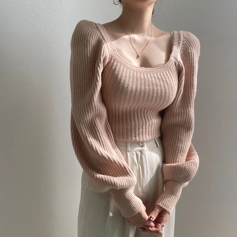 

Women's Pink Sweater Vintage Pullover Cute Long Sleeve Square Neck Top Korean Style Autumn Winter 2022 Clothing