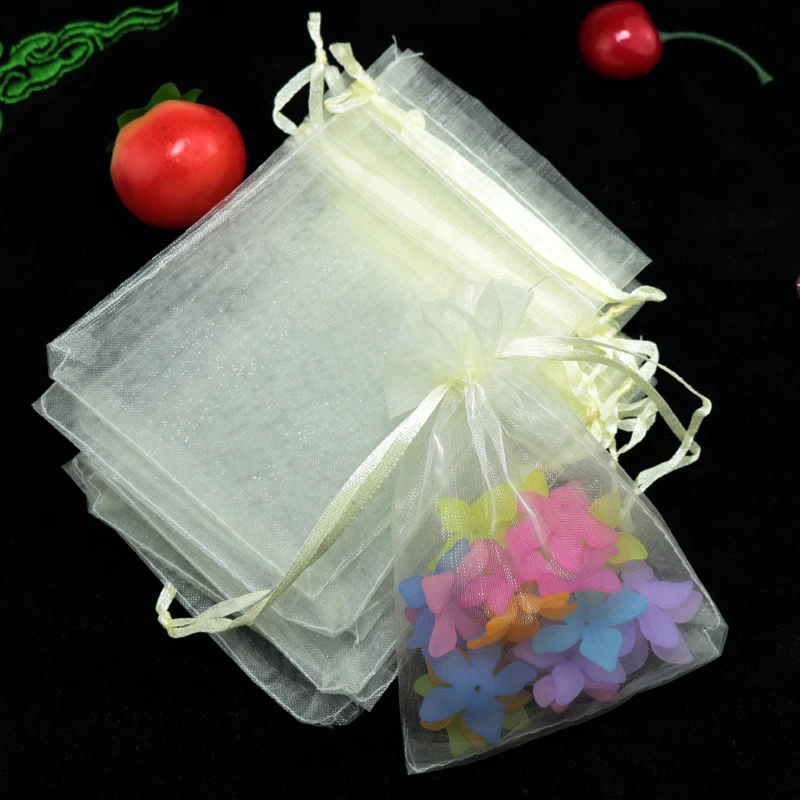 

100 pcs/batch Beige Drawstring Organza Bag Wedding Candy Jewelry Packaging Display Beautiful Gift Bag 5x7cm 7x9cm