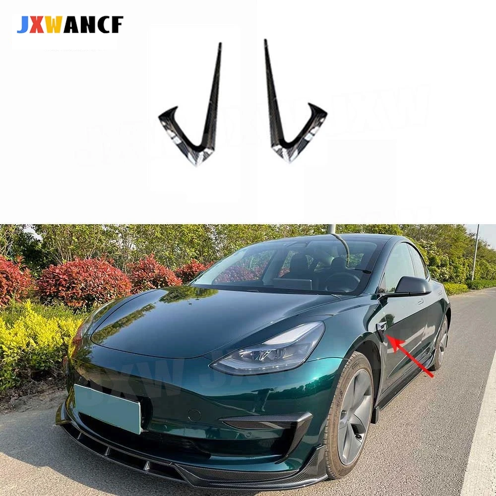 Фото Накладки на передний бампер JXWANCF для Tesla Model 3, аэродинамические канарды, карбоновый дизайн/глянцевый черный цвет, ABS-пластик. №2