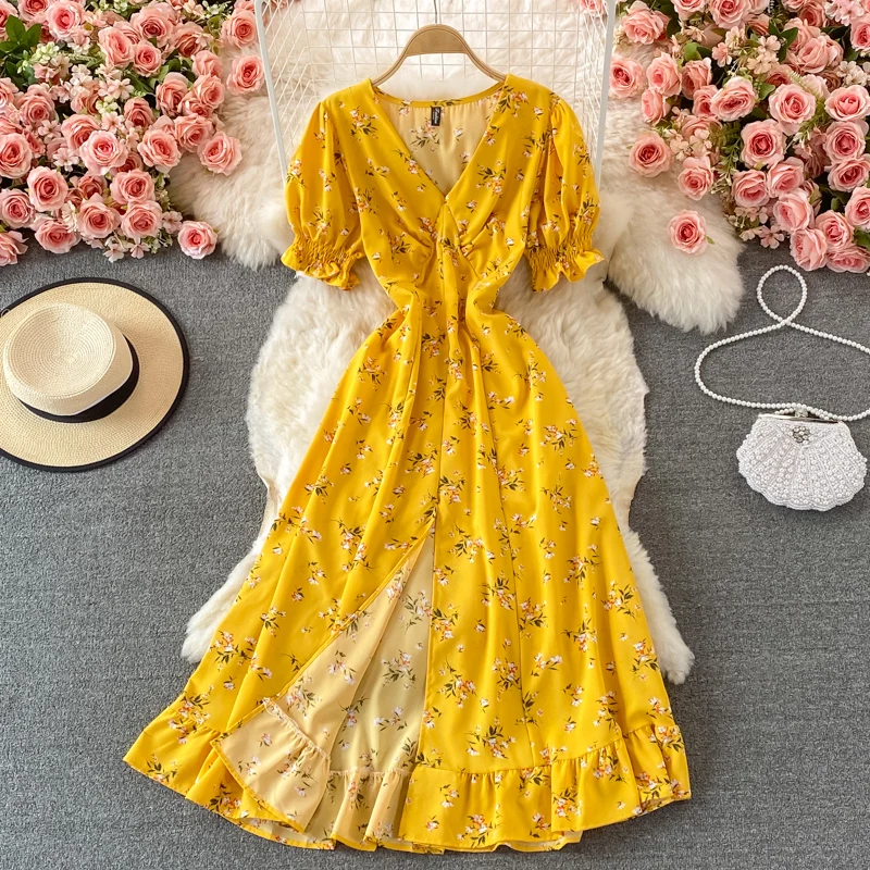 

Vintage Ruffles Boho 2022 V Neck Summer floral print long split Dress Party Women high waist dress beach holiday tunic dress