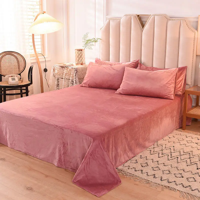 

3pcs Set Bedsheet Solid Color Crystal Velvet Warm Bed Sheet SIngle King Queen Coral Fleece Flat Sheet with Pillowcase