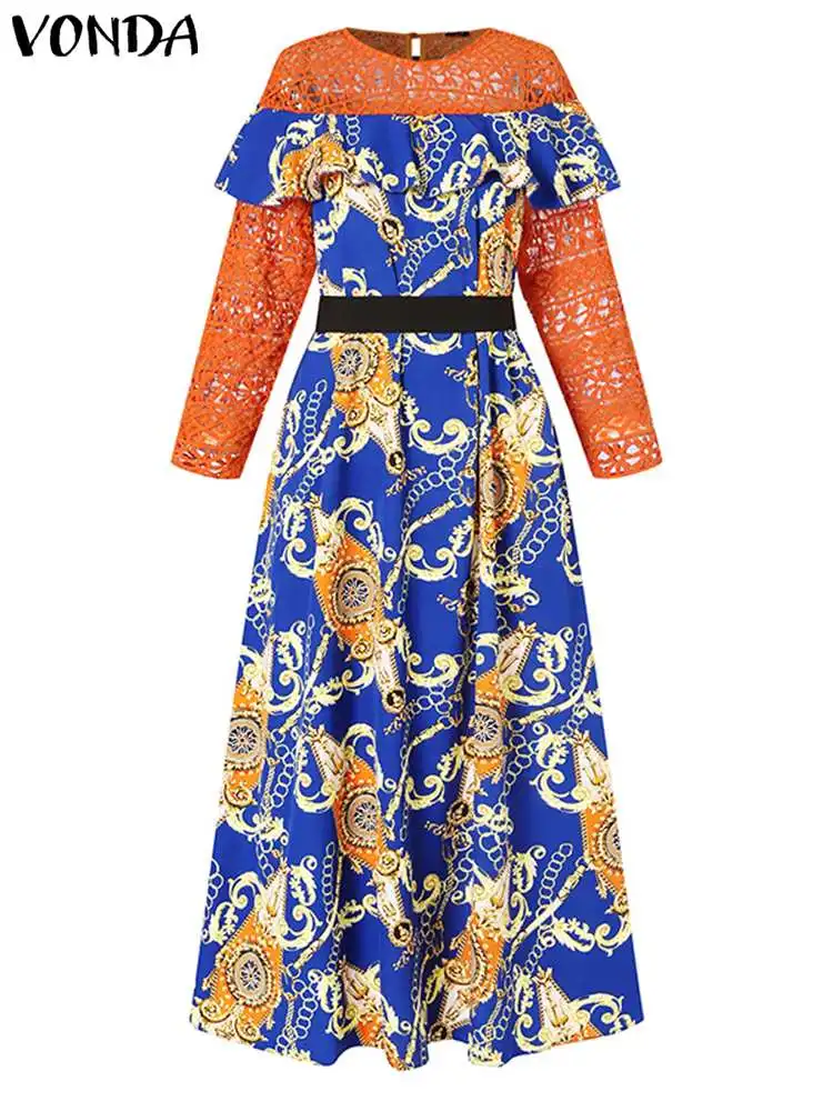 Plus Size Women 2023 Summer Maxi Dress VONDA Lace Patchwork Belted Printed Party Sundress Long Sleeve Casual Ruffled Robe