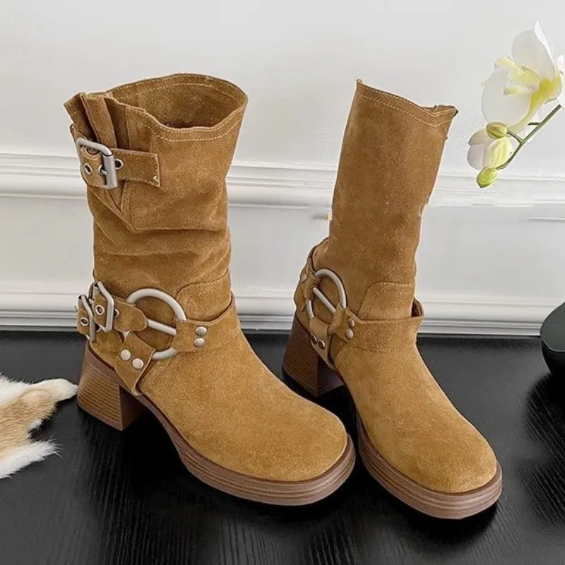 

Mid Heels Chelsea Boots 2023 New Suede Mid Calf Causal Women Platform Winter Shoes Brand Gladiator Goth Motorcycle Snow Bottines