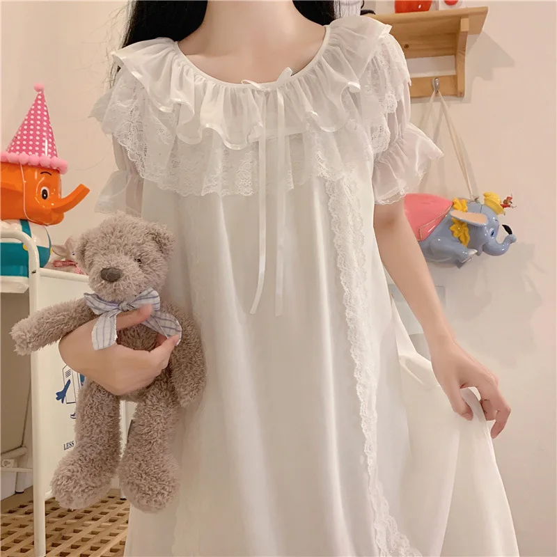 Women Lolita Dress Princess Sleepwear White Lace Mesh Fairy Night Dress Victorian Vintage Nightgown Kawaii Nightdress Loungewear