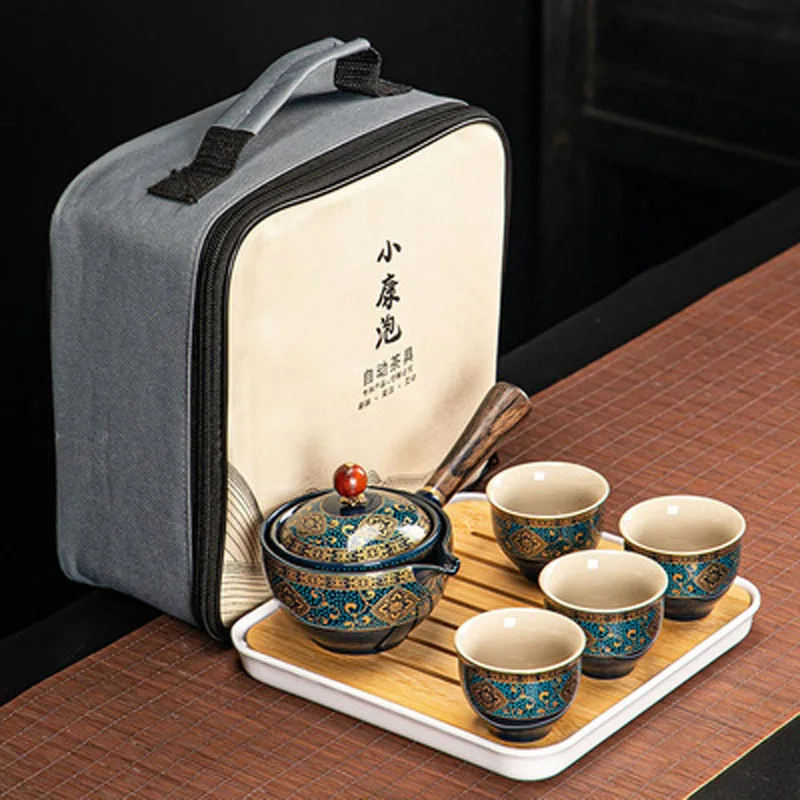 Portable Flower Exquisite Chinese Gongfu Kung Fu Tea Set Ceramic Teapot w/ Wooden Handle Side-handle Pot Cup Teaware Drop ship