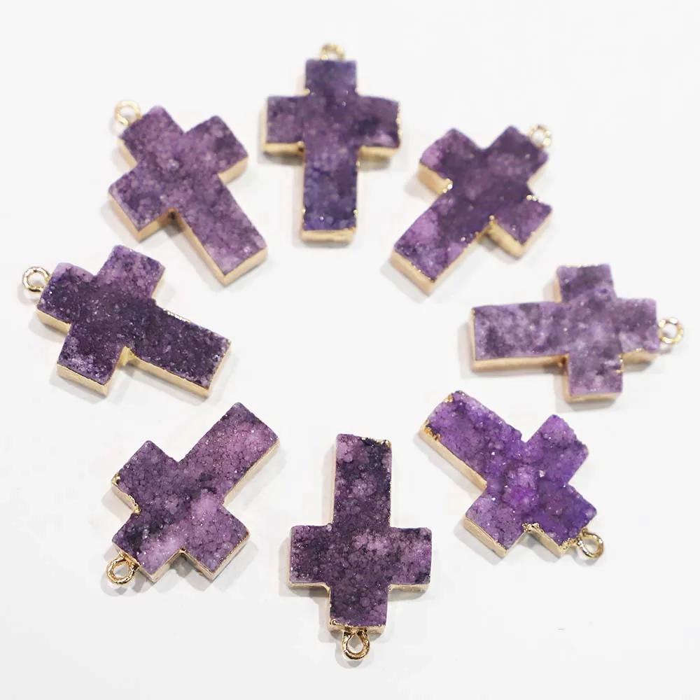 

Fashion Natural Stone Cross Purple Agate Druzy Pendant Unisex Charms DIY Making Necklace Jewelry Gift Accessories Wholesale 5Pcs