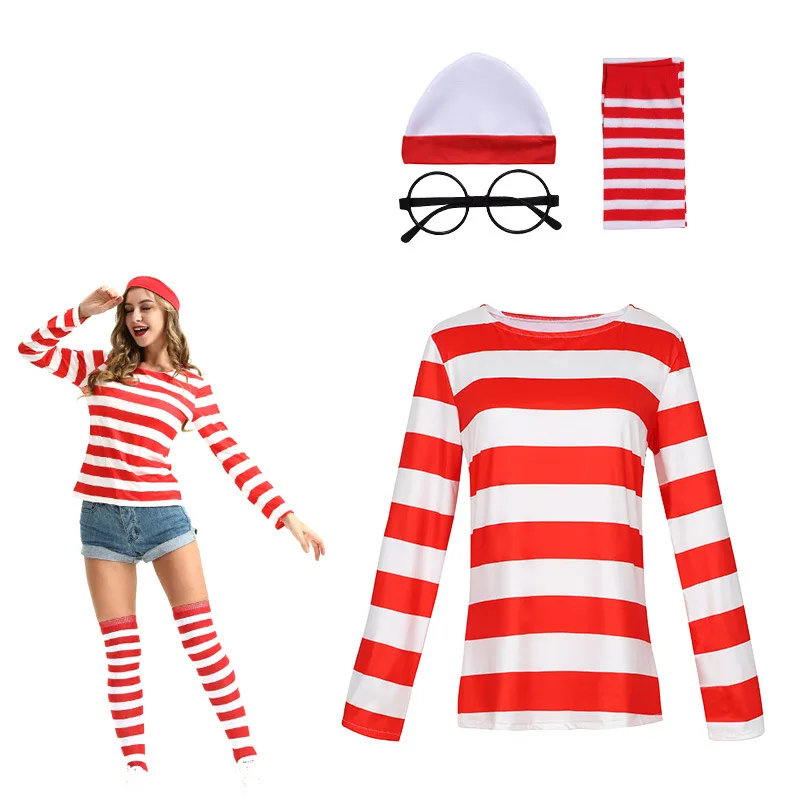 

Parent-Child Wally Outfit Anime Where's Family Game Costume Man Women Child Wally Cosplay Fancy Red Stripe Shirt Hat Glasses