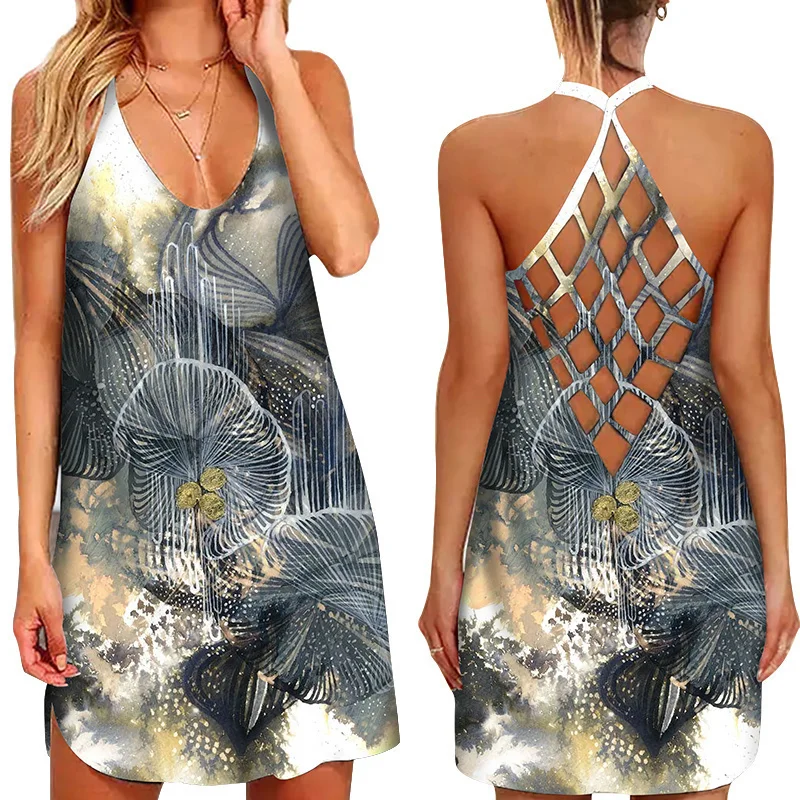 

2022 New Sleevelss Halter Mini Summer Dress for Women Sexy Backless Beach Short RobeFemme 2022 O Neck Sundress Ladies Dresses