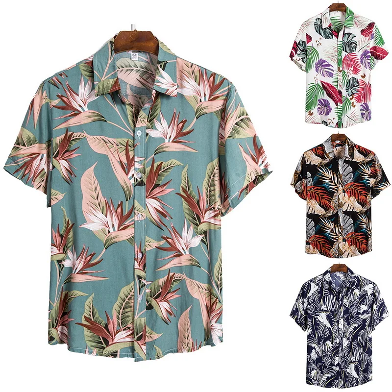 2022 New Men's Hawaiian Shirt Short Sleeve Print Versatile Single Button Plant Pattern Plus Size Village Shirt