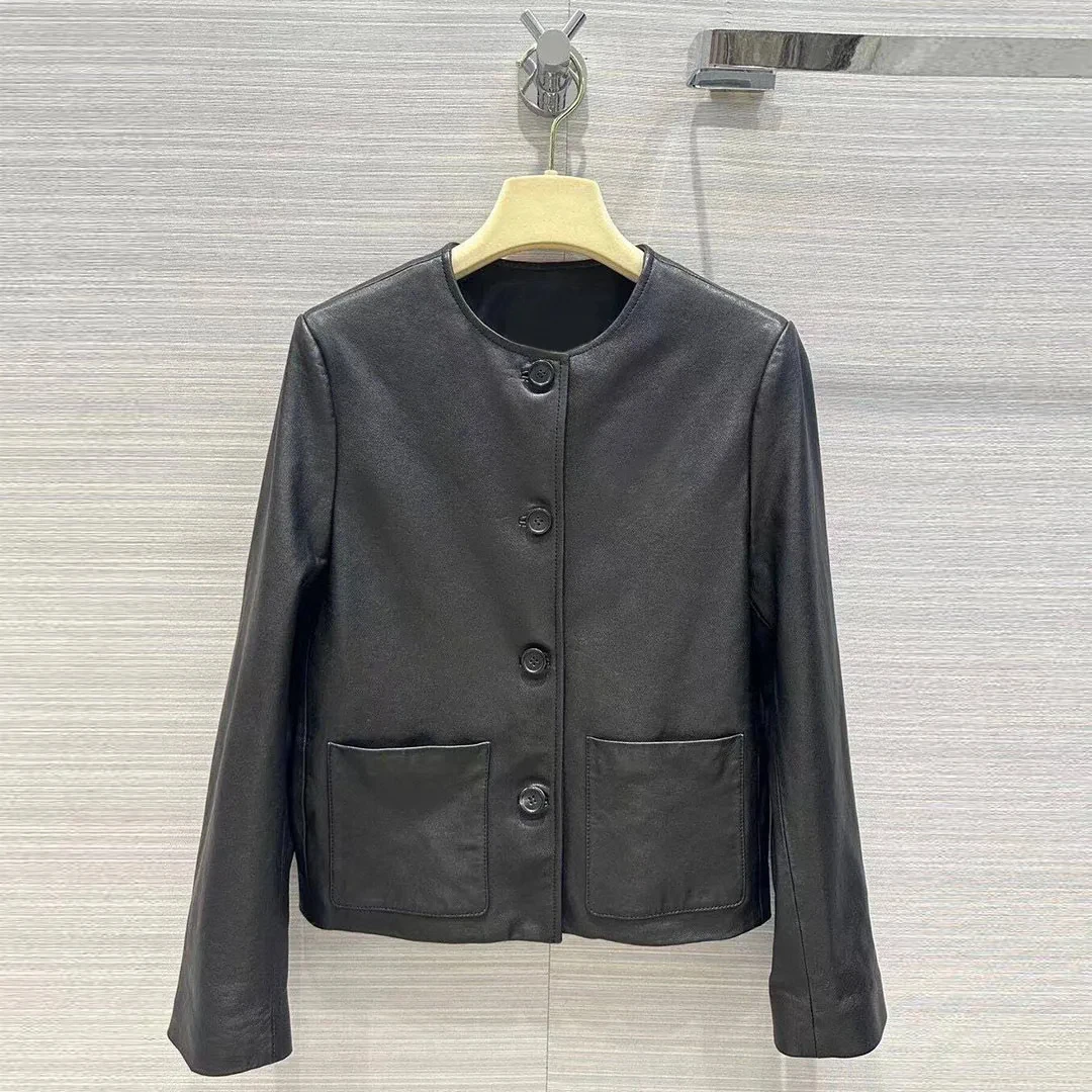 Женская однотонная куртка из овечьей кожи однобортная повседневная кожаная с