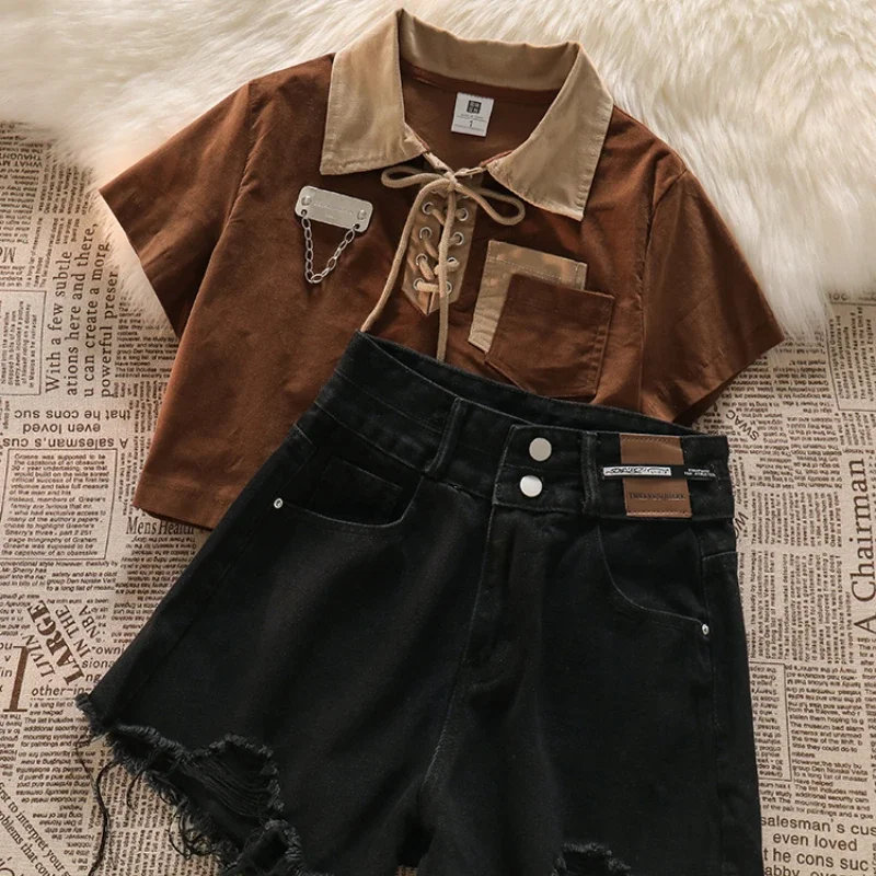 Xgoth японские винтажные шорты костюм с отложным воротником футболка топ женские